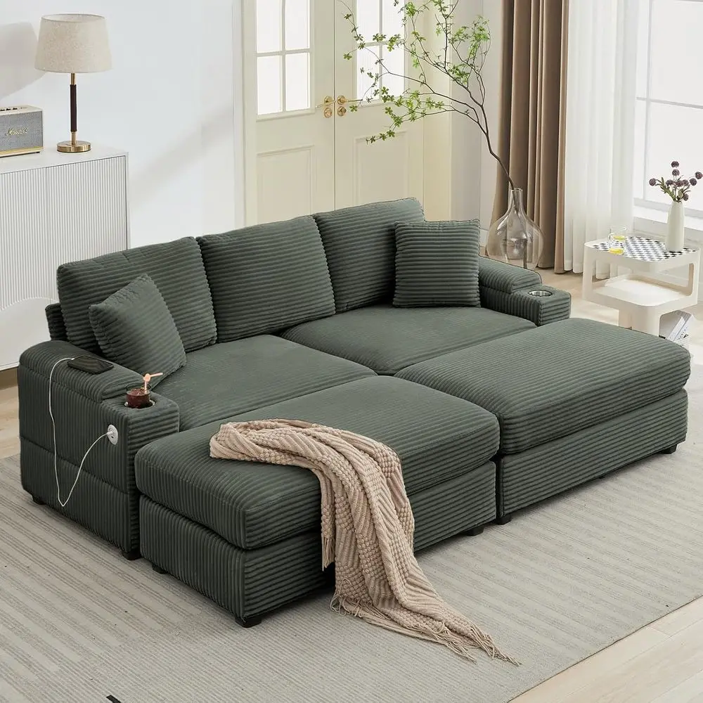 

Oversized 86.6 Cloud Sofa Sectional with 2 Ottomans, Corduroy Upholstery, USB Ports, Cup Holders, Storage, Green
