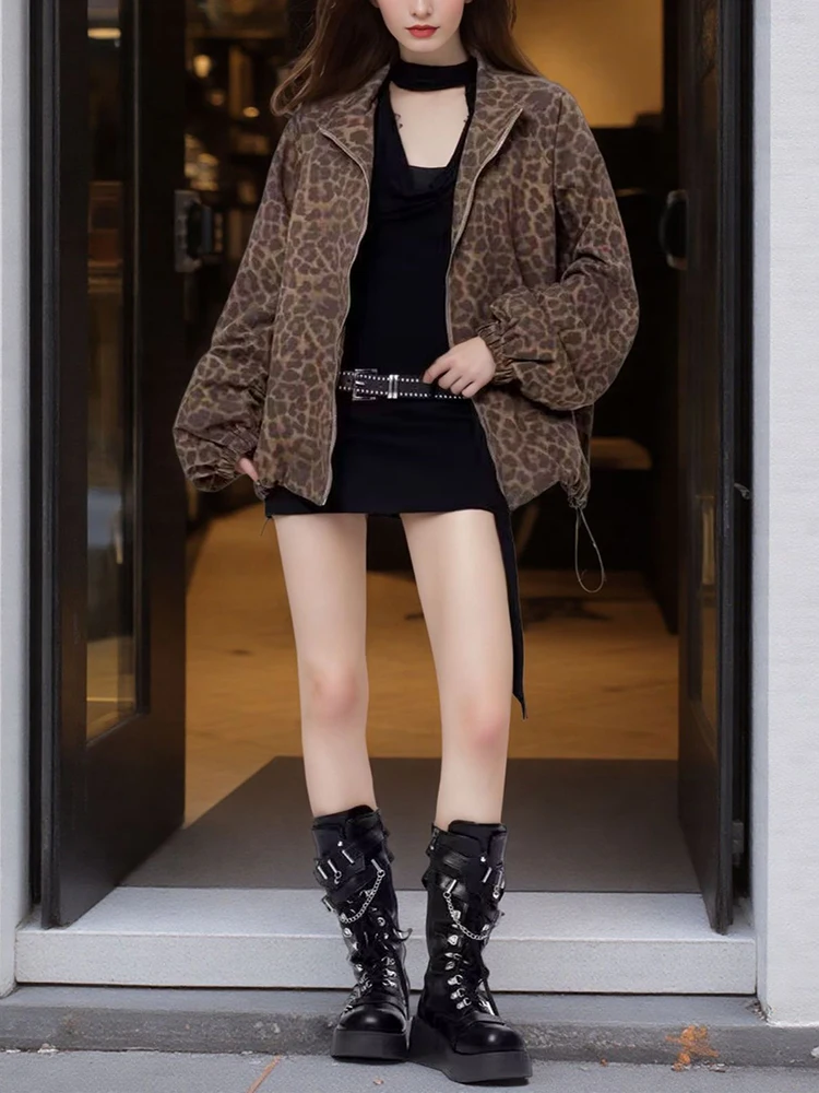 Autumn Women's Long Sleeve Casual Style Polyester Material 2025 New Fashion Collar Leopard Pattern Medium Length Coat