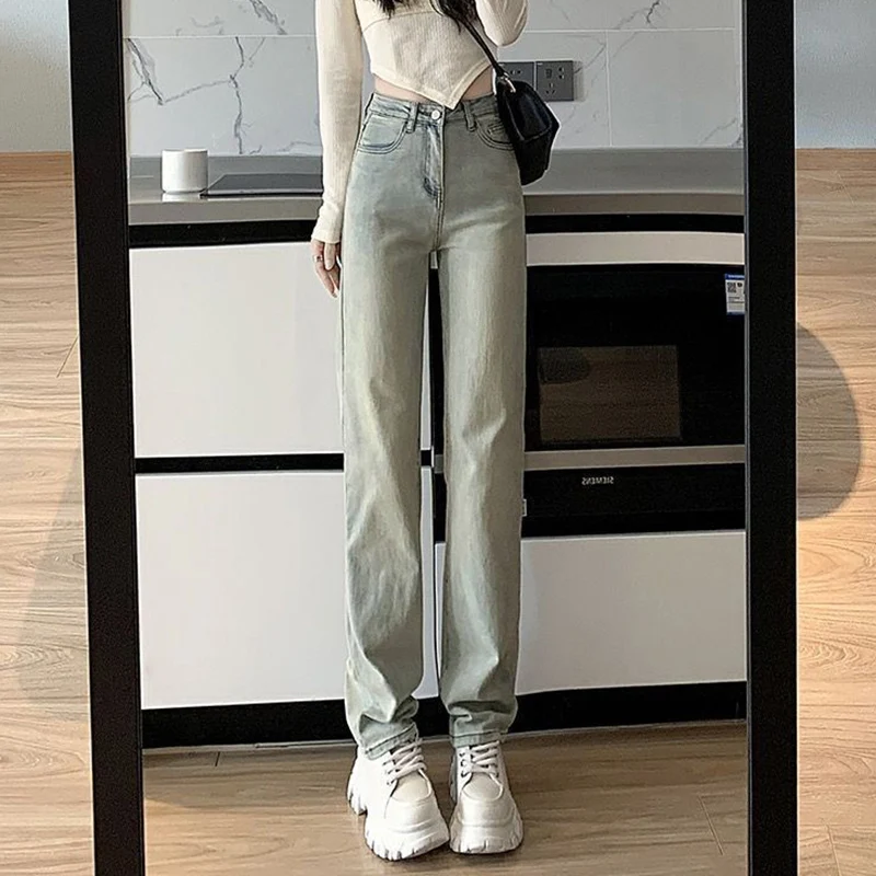 

Women Fashion High Waist Thin Jeans Lady Narrow Straight Leg Denim Trousers Girls Vintage Solid Color Versatile Pants