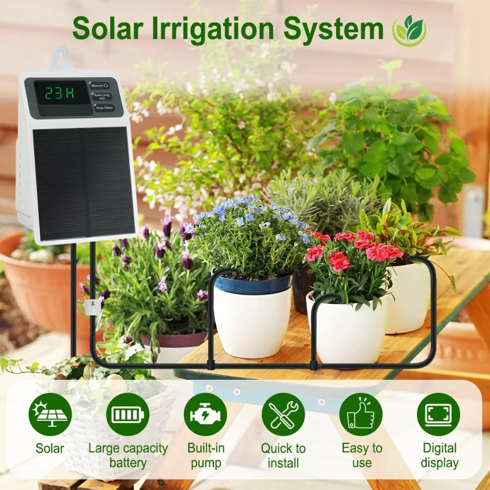 Upgraded Solar Drip Irrigation System Automatic Watering Plants Supplies for Home Garden Balcony Greenhouse Hanging Baskets