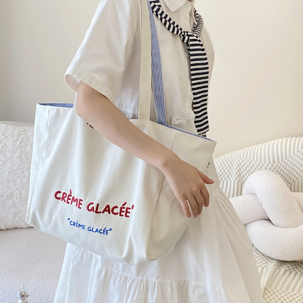 Women's Shoulder Bag Large Capacity Tote Bags Double-Sided Shopper Canvas Letter Fashion Harajuku Zipper Print Canvas Handbags image 2