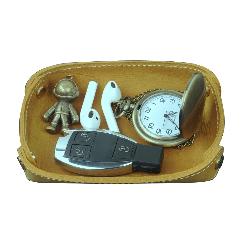 Retro Genuine Leather Storage Tray Jewelry Watch Plate Key Wallet Dice Coin Storage Box Home Office Desktop Sundries Organizer