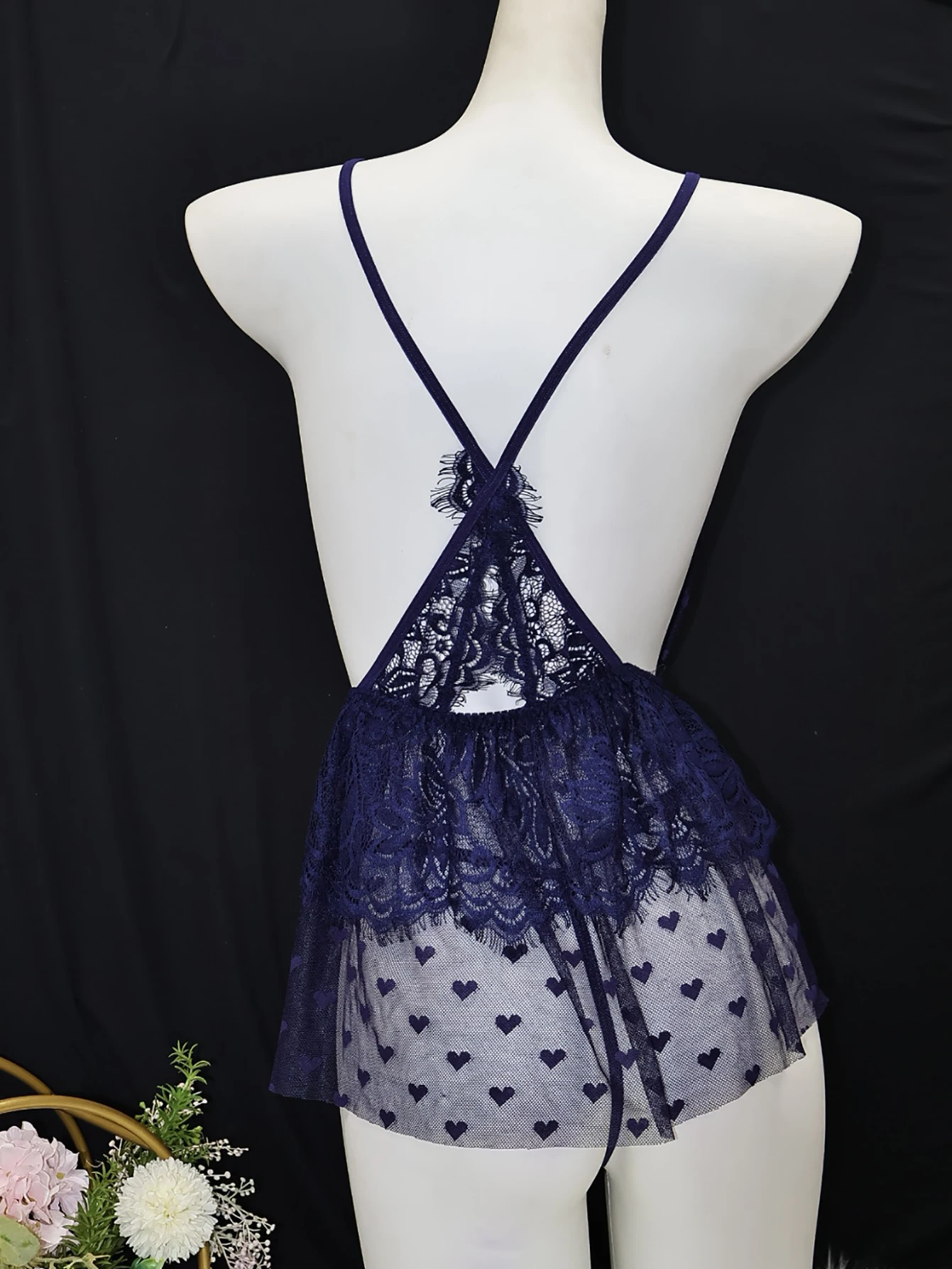 English: Women Deep V Pearl Chain Babydoll Lingerie Heart Print Mesh Lace Teddy Nightwear Cross Back Spaghetti Strap Sexy Sleepw