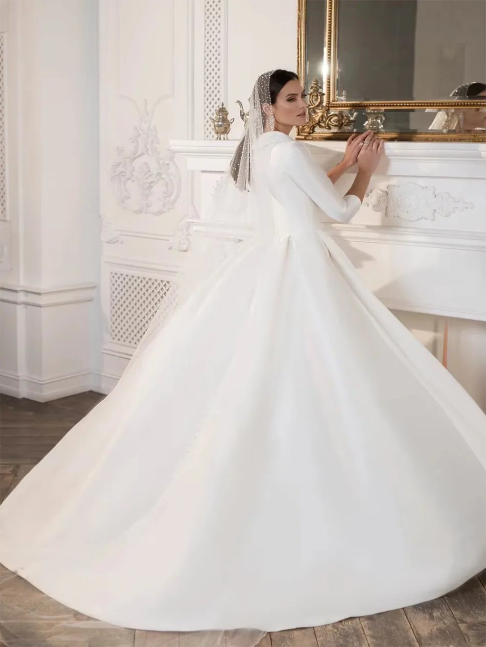 V Neck Long Sleeve Satin Wedding Dress Beaded Cuffs Wrap Bodice Ribbon Belt Full A Line Ball Gown Skirt with Cathedral Train