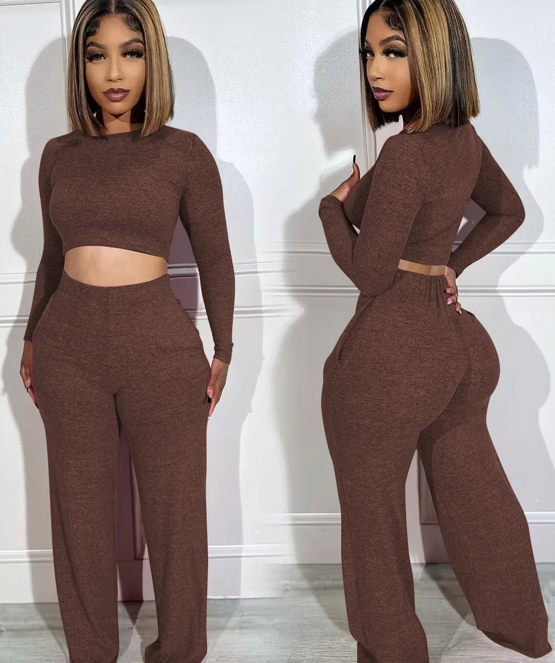 Sexy Elegant Two Piece Pant Sets Women Winter Tracksuits 2023 Luxury Outfits Crop Tops Wide Leg Pant 2 Piece Pant Sets Joggers