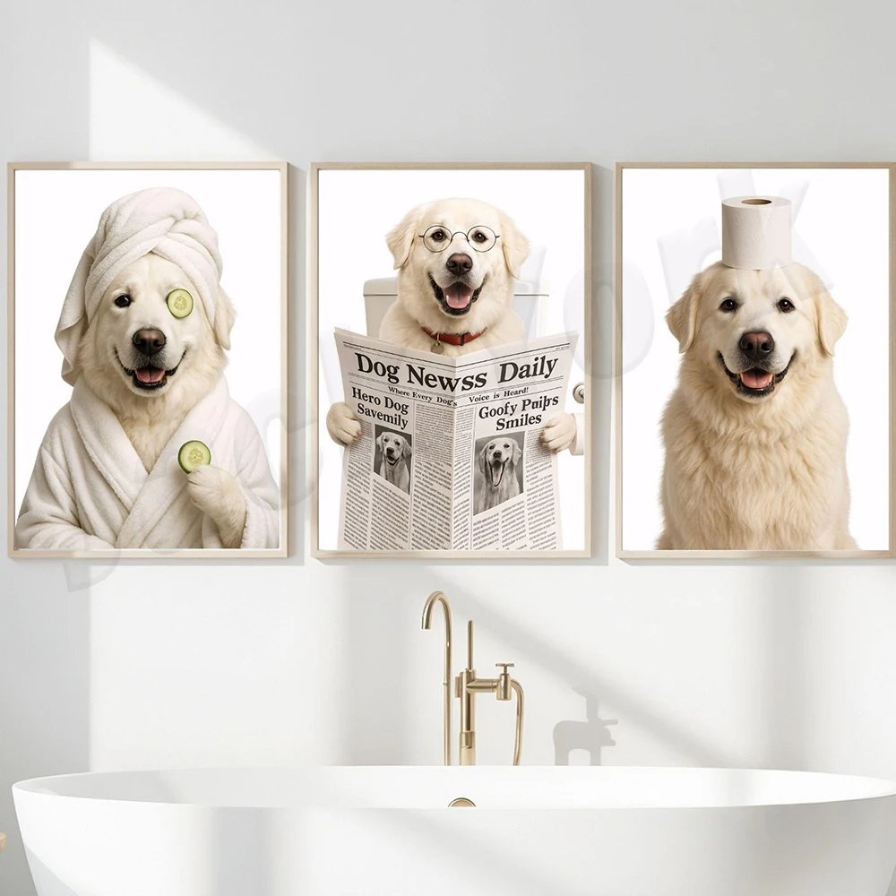 Funny Miniature Pinscher, Maremma Shepherd, Manchester Terrier, Lithuanian Hound, Leonberger toilet training, bathroom poster