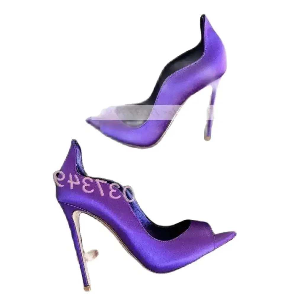 Purple Satin Peep Toe Elegant Pumps Women Stylish Curved Edge Stiletto High Heels Evening Shoes Ladies Fashion Big Size Pumps