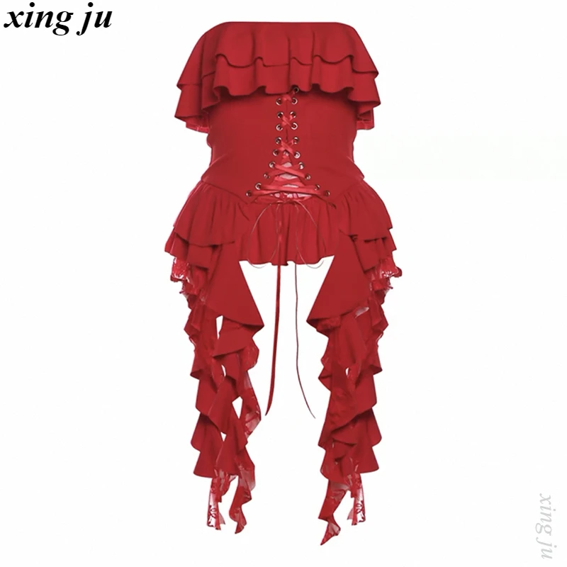 Vrouwen Groep Stadiumkostuums Sexy Rode Verstoorde Lace-up Onregelmatige Zoom Strapless Tops Nachtclub Dj Rave Kleding Zanger Jazz kleding