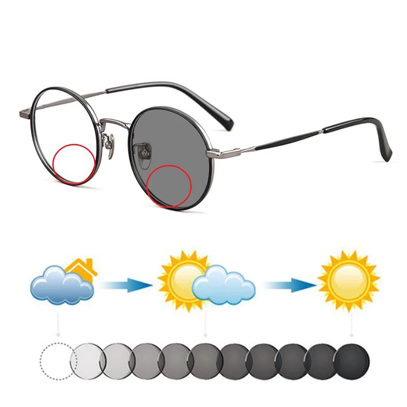 

Unisex Pure Titanium Retro Round Photochromic Bifocals Reading Sunglasses Women Men Hyperopia Dark Glasses Look Near Far Sunnies