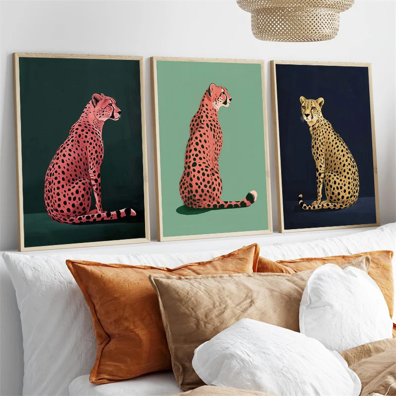 Pink Cheetah on Green Art Poster Print Emerald Green Modern Canvas Painting Animal Art Picture Maximalist for Home Decor