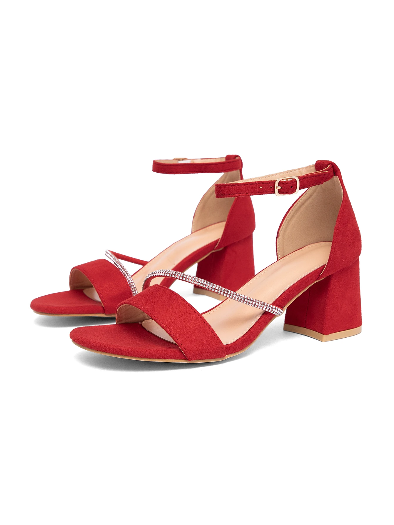 

Cross-border foreign trade new style large-size ladies chunky heel sandals with crystal strip decoration, one-strap buckle, roun