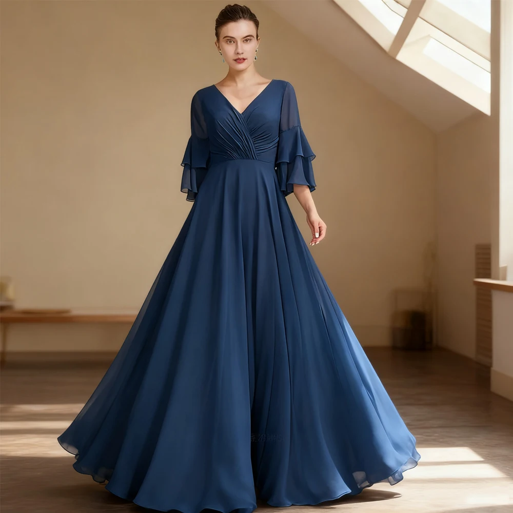 

Blue Mother of the Bride Dresses 2025 Simple V-Neck Chiffon Wedding Guest Gown A-Line Long Elegant Dress Women For Wedding Party
