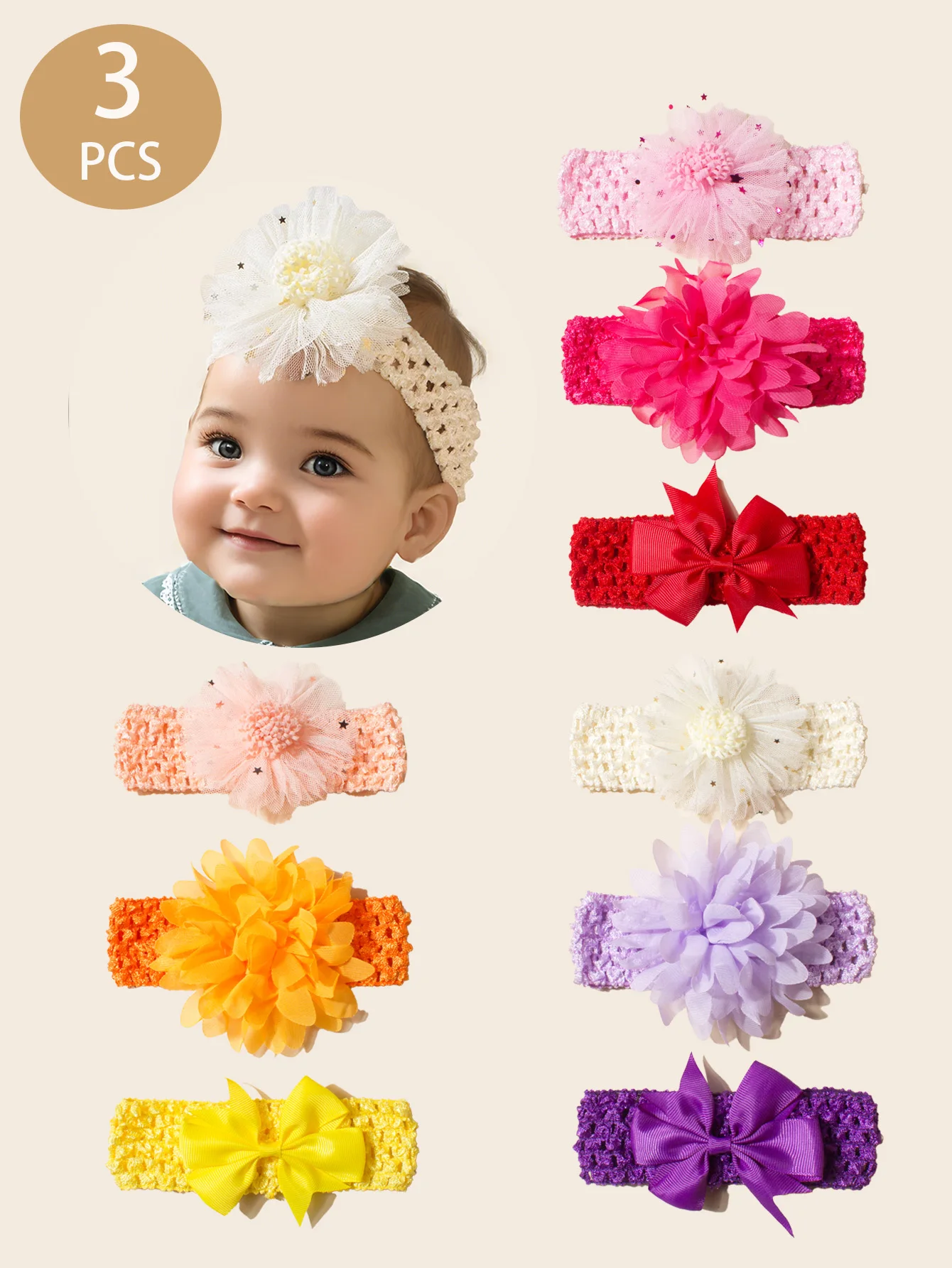 3 Pcs Baby Girl Headbands Set - Bow & Flower Headbands for Newborns to 3 - Year - Olds, Ideal for Toddler Girl Fall Clothes