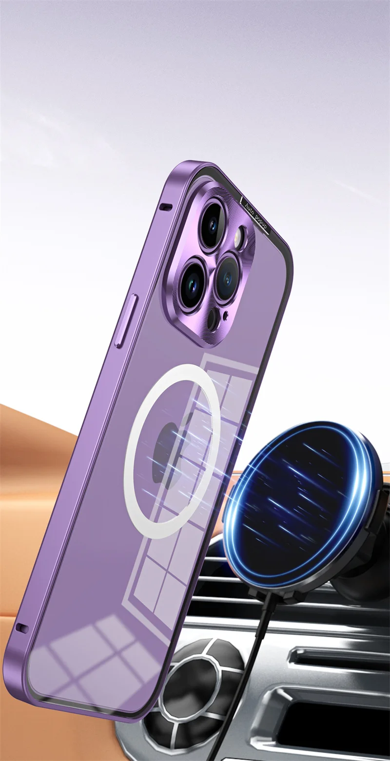 High Definition Snap On Magnetic Suction Car Phone Case For iPhone 15 14 Plus 12 13 Pro Max PluAluminum Alloy Border Phone Case