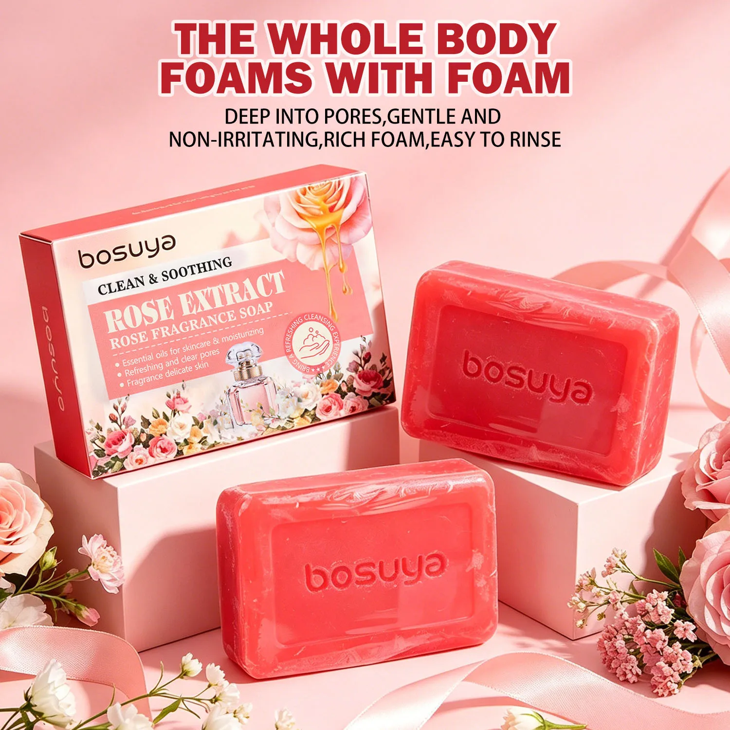 Rose soap, body and back cleaning soap, oil control, acne removal, face washing, bathing, handmade essential oil