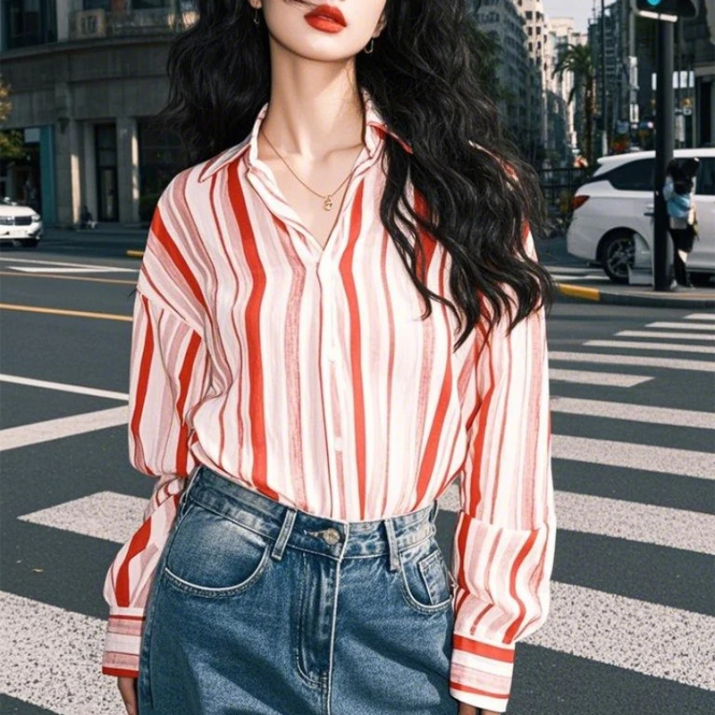 

Винтажные женские блузки, полосатые повседневные рубашки, модная свободная летняя корейская одежда, шифоновые женские топы с длинными рукавами