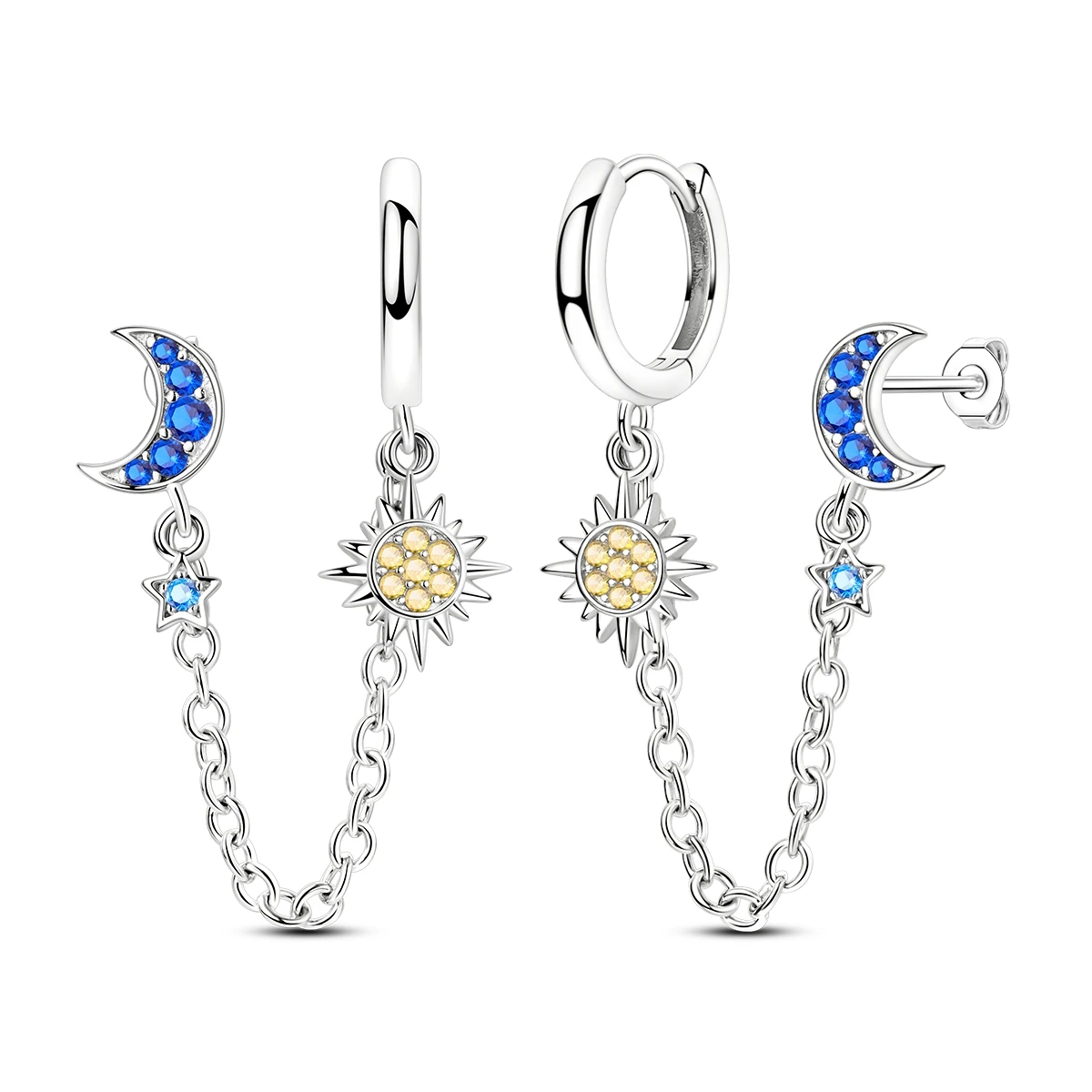 925 Sterling Silver Sun Moon Star Chain Link Dangle Earrings Blue CZ Celestial Connected Piercing Jewelry for Women