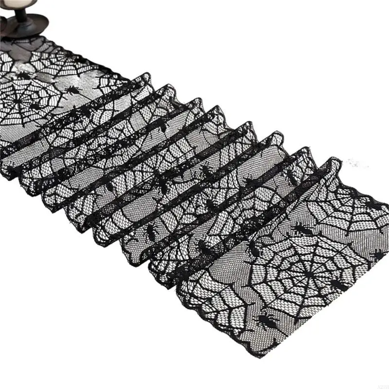Black Lace Halloweens Table Polyester Fabric Party Decoration Wrinkle Resistant Machine Washable Designs A2BB