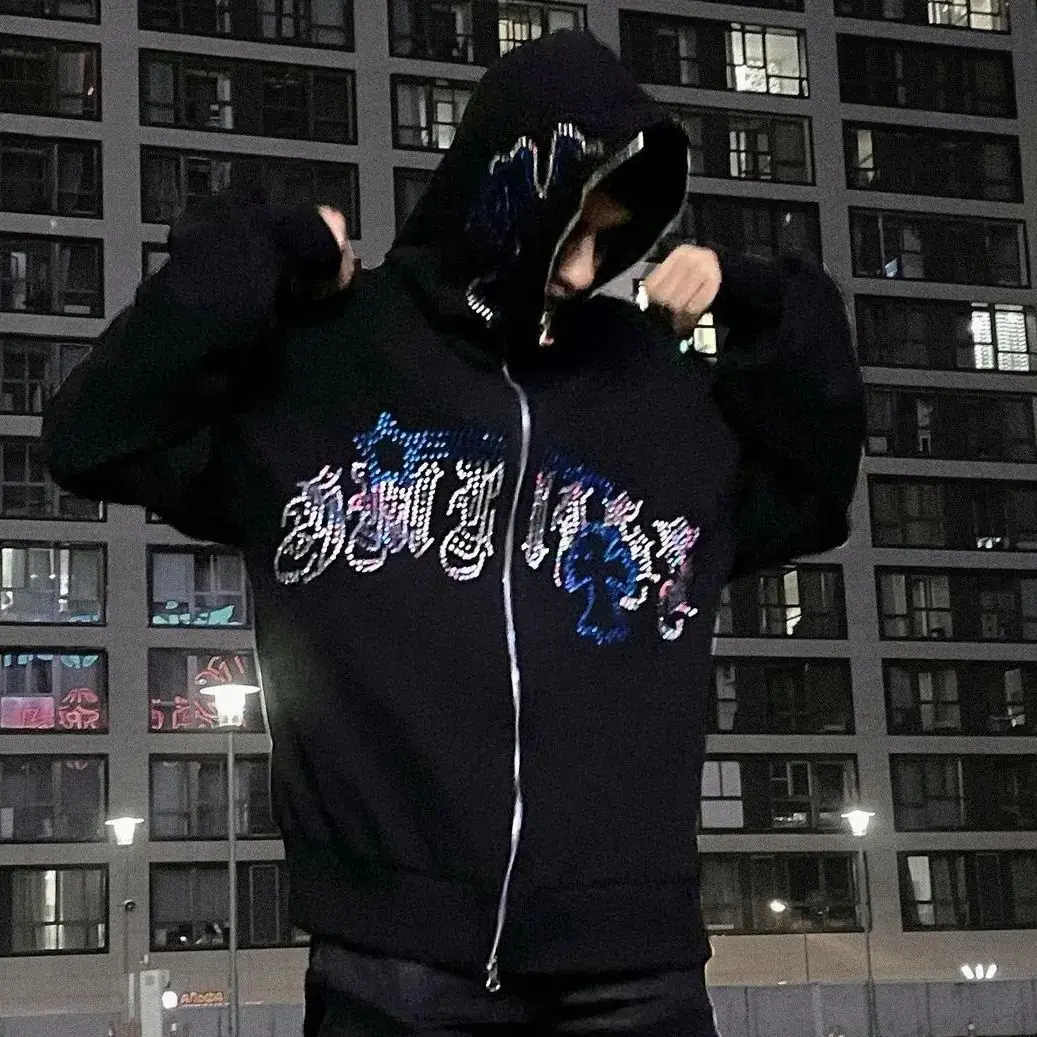 Spider Diamond Men Zipper Hoodie Gothic Letter graphic Rhinestone punk clothes Teen Oversized Sweatshirts zip up Streetwear Y2K