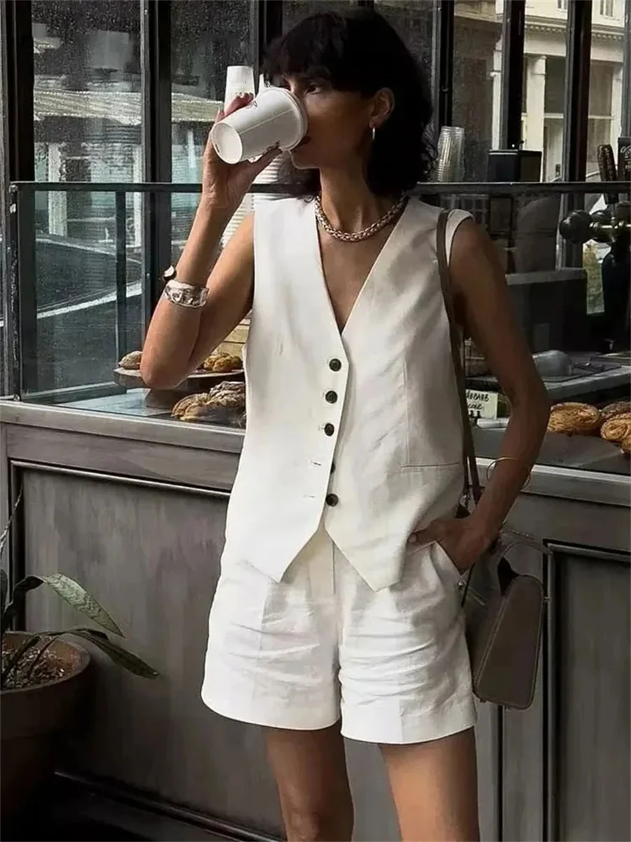 Woman Solid Waistcoat Shorts Set Sleeveless V Neck Single Breasted Vest Top + Zipper Pockets Commute Elegant Female Short Pant