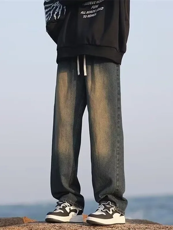 

American Vibe Sle Men's Casual Straight Leg Jeans Dstring Loose Fit Teenagers Long Trousers Spring Autumn High Street Trend