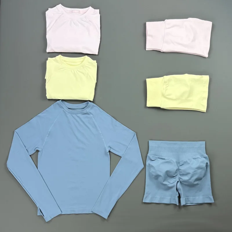 2 Piece Seamless Yoga Set Women Raglan Long Sleeve Top Scrunch Butt Biker Shorts Stretch Naked Soft Pilates Sportswear Outfit