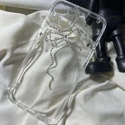 Lens Edge Silver Rhinestone Bow Phone Cover for iPhone 17 Air Case 16 15 14 Pro Max 13 12 11 Advanced Transparent Diamond Case