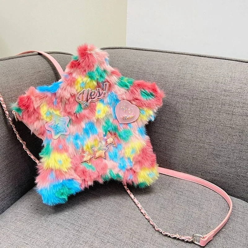 New Oil Painting Colour Plush Pink Star Modeling Shoulder Bag Girls Fun Cute Flash Laser Letters Love Chain Bag Birthday Gift