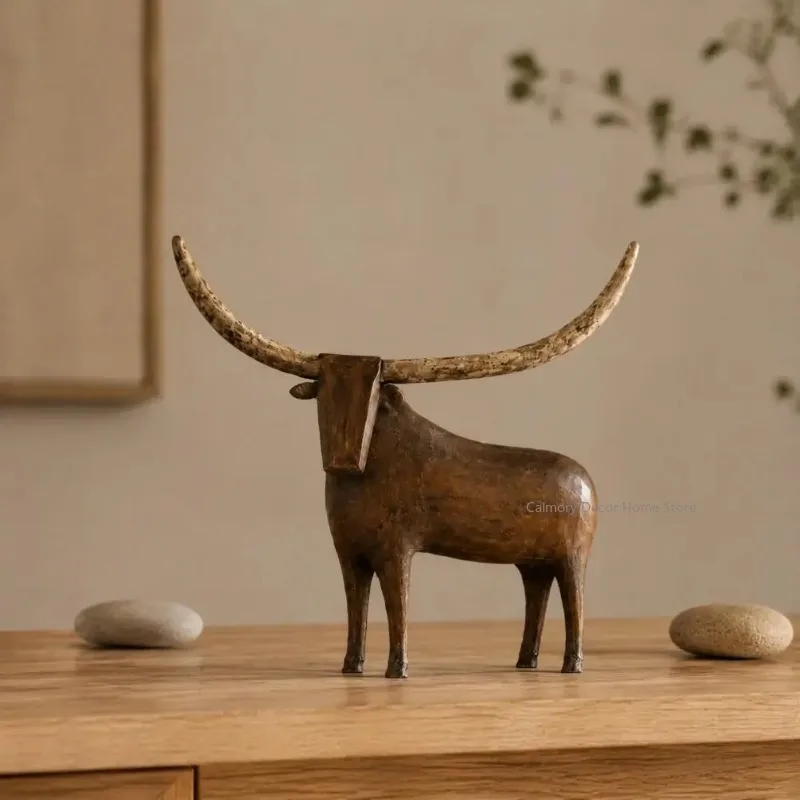 Vintage Longhorn Bull Sculpture Rustic Animal Figurine Western Style Decorative Statue for Shelf Mantel Home Decor