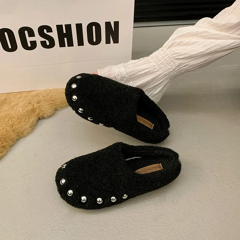 Shoes Woman 2024 Cover Toe Female Slippers Winter Footwear Fur Flip Flops New Plush Retro Slides Cover Toe Shoes Winter Woman Sl