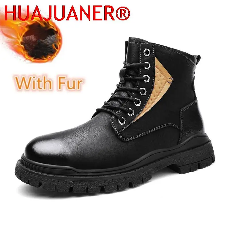 

Genuine Leather Boots Men Winter Shoes Motorcycle Boots With Fur Leather Dress Business Men Tactical Men's Boots Ankle