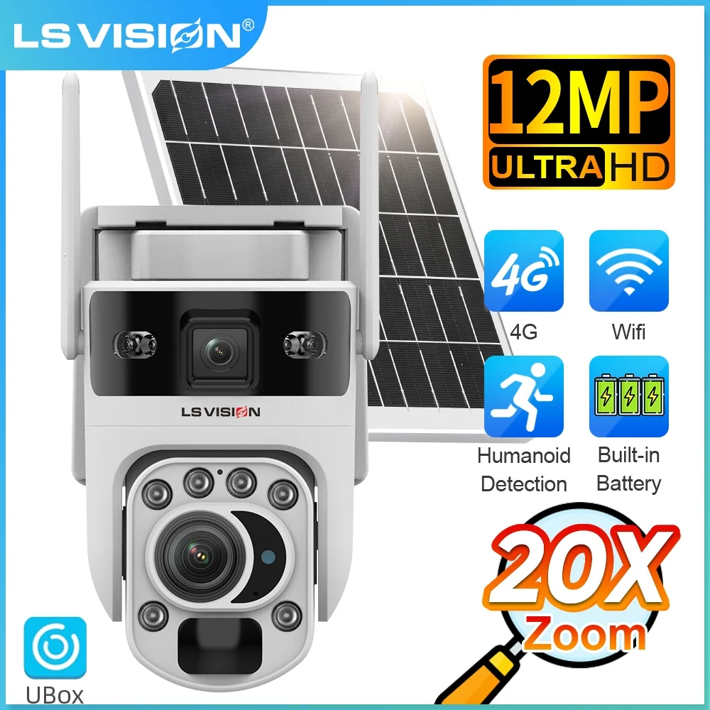 

LS VISION 12MP 20X Optical Zoom 4G/WiFi Solar Camera Dual Screen PTZ PIR Detection Auto Tracking CCTV Surveillance Cameras Ubox