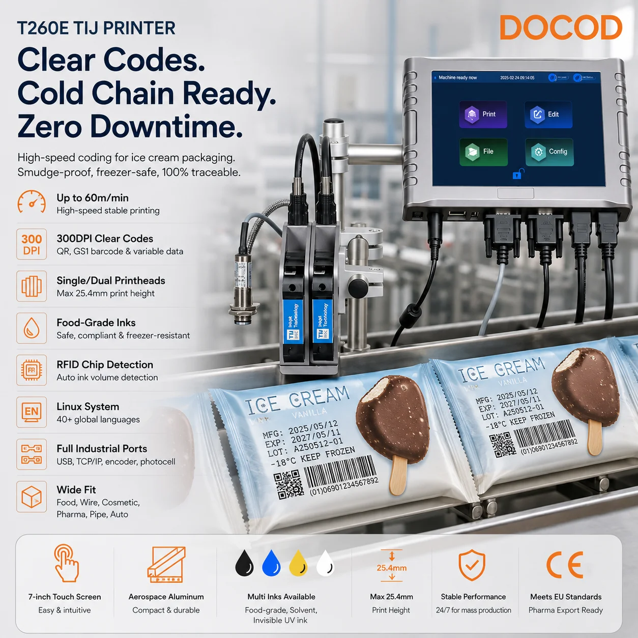 Online Egg Expiry Date Qr Code Coding Machine Docod TIJ T260E Industrial Thermal Inkjet Barcode Printer for Plastic Bags Bottle