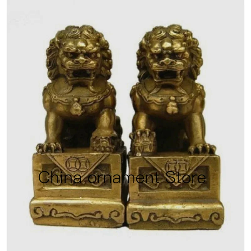 Brass Folk Feng Shui Fu Foo Dog Guard Door Lion Statue a Pair of 7cm Wish U Wealth