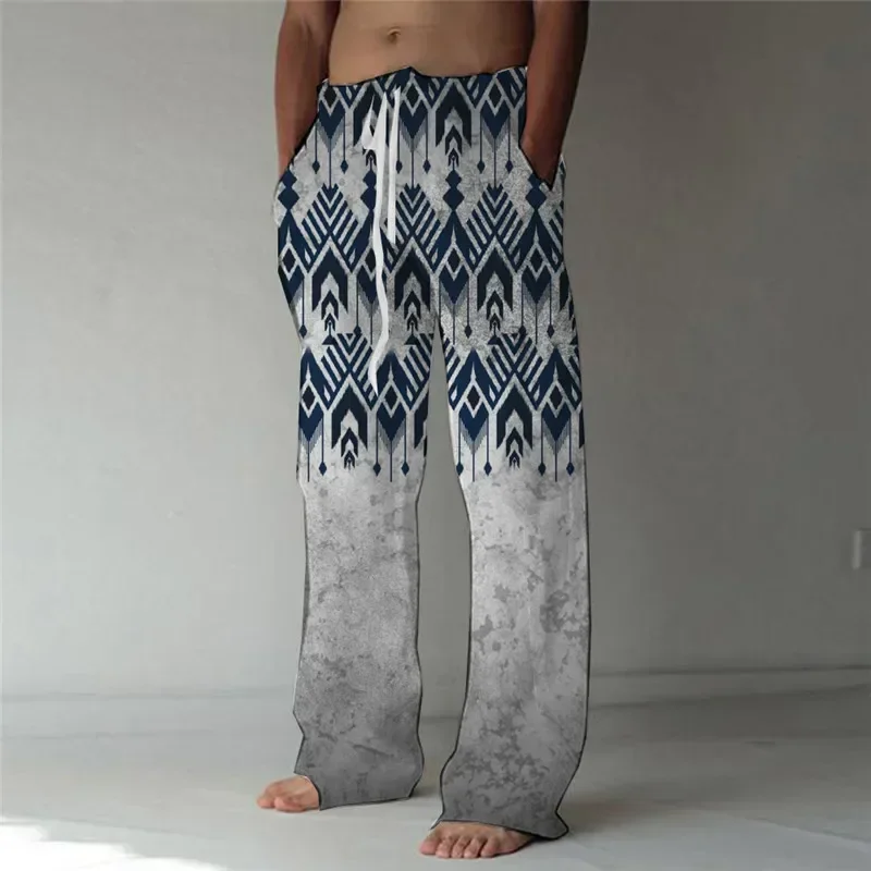 Summer retro men\'s casual wide-leg pants Retro ethnic pattern print fashion wide-leg pants Hawaiian loose beach pants casual