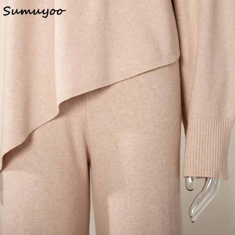 Sumuyoo Knitted Pant Sets Women Irregular Turtleneck Sweater Outfit Autumn Winter 2 Piece Sets High Waist Wide Leg Pant Suit