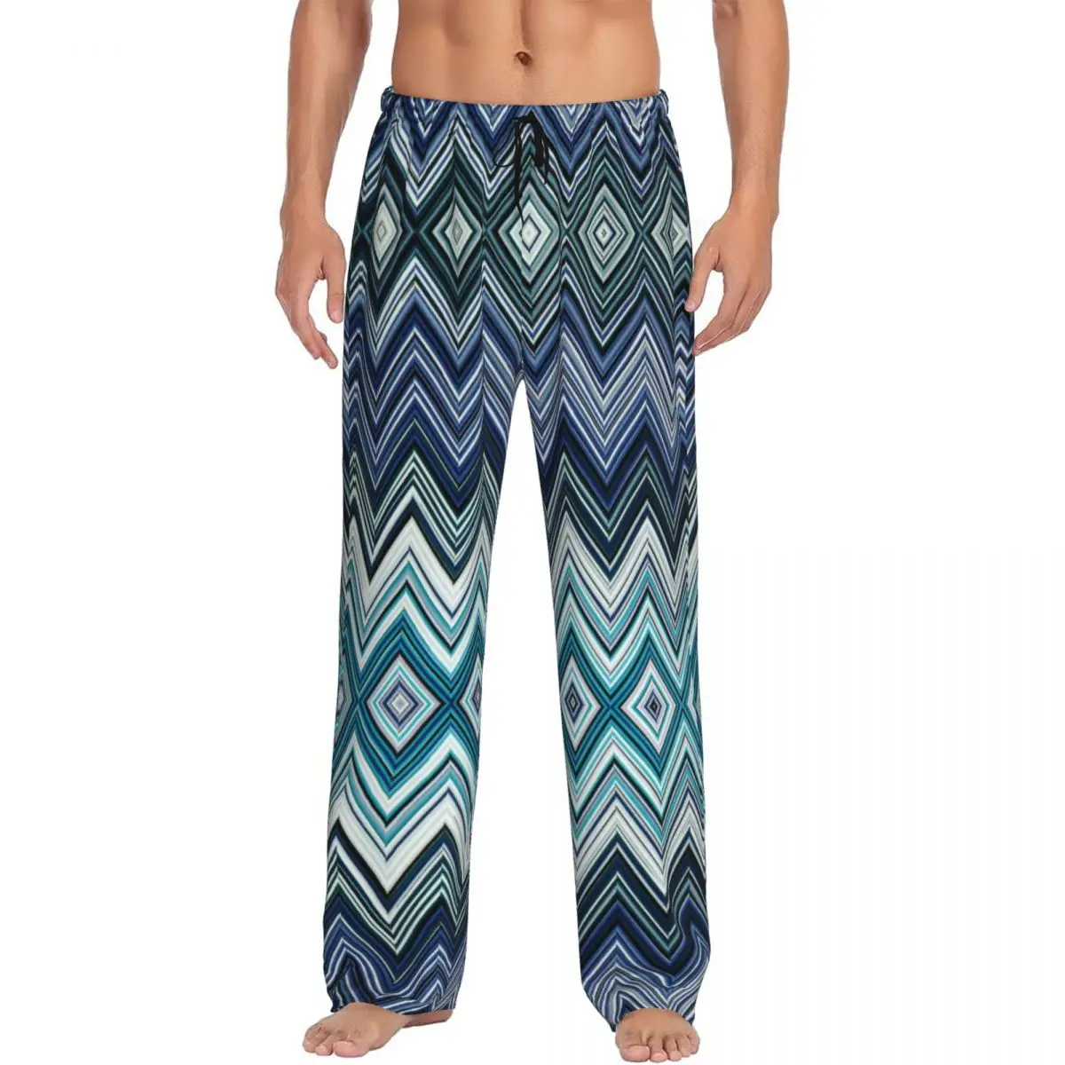 Custom Home ZigZag Multicolor Pajama Pants Sleepwear for Men Elastic Waistband Chic Geometric Sleep Lounge Bottoms with Pockets