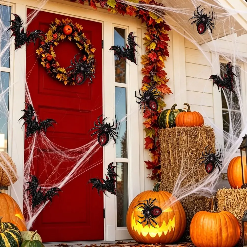 12PCS Multicolor Halloween Wall Stickers Colorful Pattern with Dot Adhesive 3D Bat Spider Wall Decals Scene Ornament 3D Effect