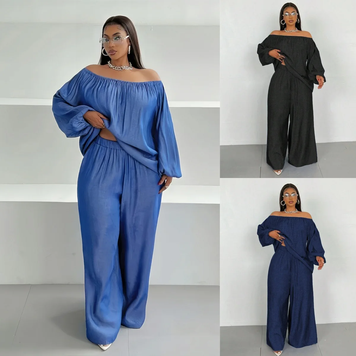 

2025 New Imitation Denim Solid Color Large Size Spring Suit One-word Shoulder Loose Top Wide-leg Pants Two-piece Set