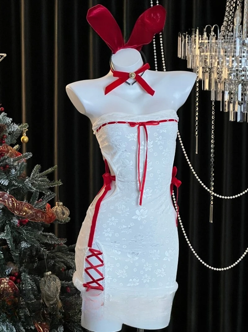 달콤한 크리스마스 토끼 소녀 드레스, 여자를 위한 원 숄더 스트랩리스 컷아웃 타이트 피팅 드레스, 순수한 욕망 롤플레이 유니폼, 섹시