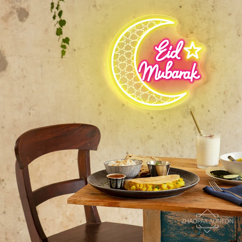 Letrero Led de neón Eid Ramadán Mubarak, decoraciones Eid Mubarak, letreros de luz de neón, Luna USB, decoración de fiesta de Ramadán, lámparas de neón