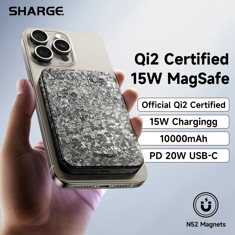 SHARGE CarbonMag 10K iPhone Qi2 Certified Magnetic Carbon Fiber Power Bank External Wireless Charge for iPhone 16/15/14