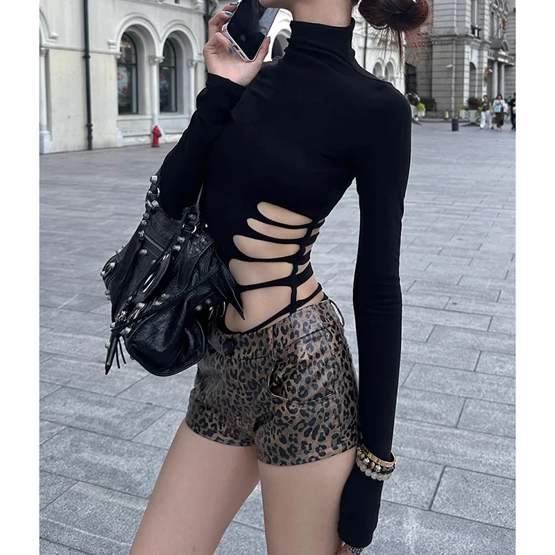 أسود طويل الأكمام وهمية الرقبة ممزق المحملة قائظ الجوف خارج المجهزة عادية تي شيرت Harajuku Y2K الجاز الرقص الشارع الأعلى