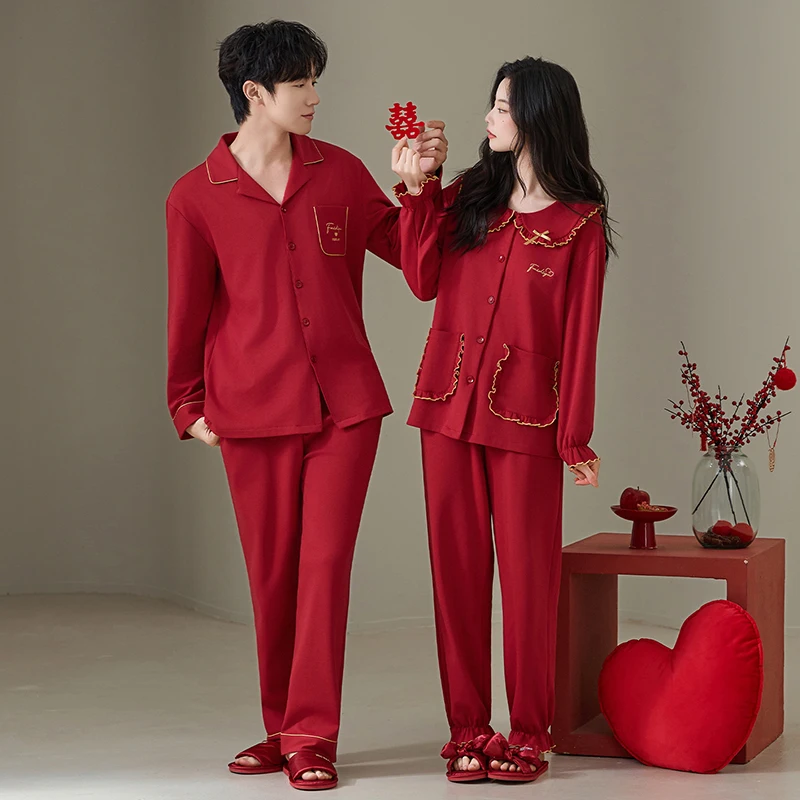 

Newest Spring and Autumn Couple Pajama Set Knited Cotton Long Sleeve Solid Pyjamas