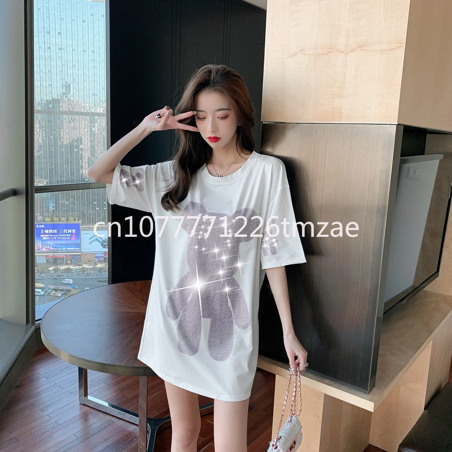 

Summer Top Diamond Bear Short-Sleeved T-shirt Women's Shirt Loose Casual Cotton T-shirt