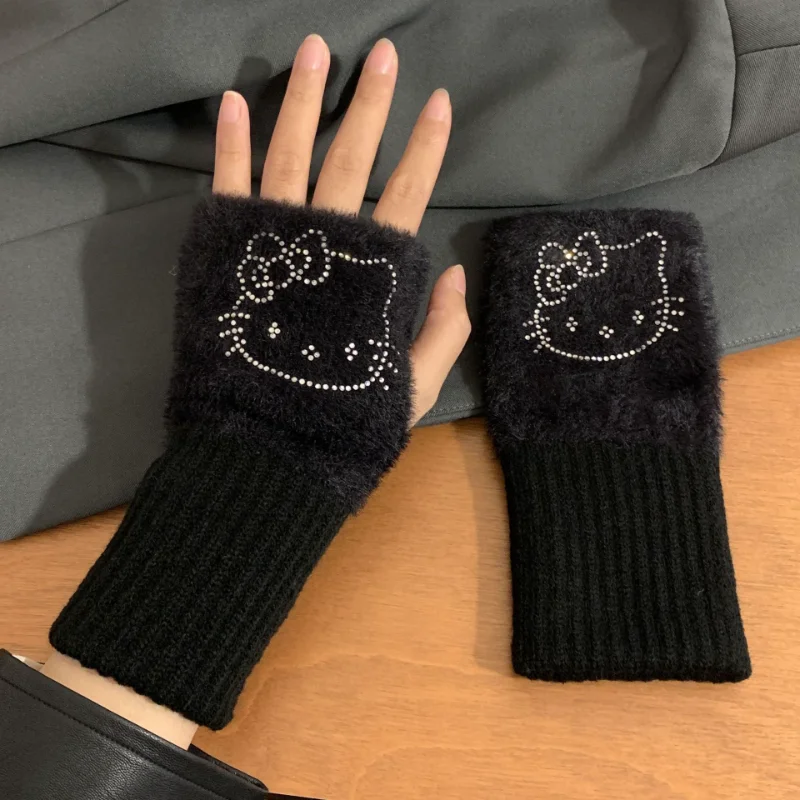 Sanrio Winter Hello Kitty Cute Imitation Mink Half Finger Gloves Female Cartoon Hot Diamond Warm Cold Fashion Gloves