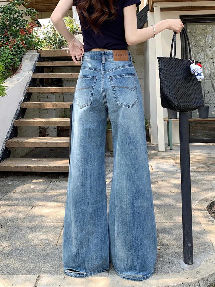

Retro High Waist Wide Leg Jeans Women's Spring New Style Loose Fit Embroidered Washed Denim Casual Straight Long Trousers