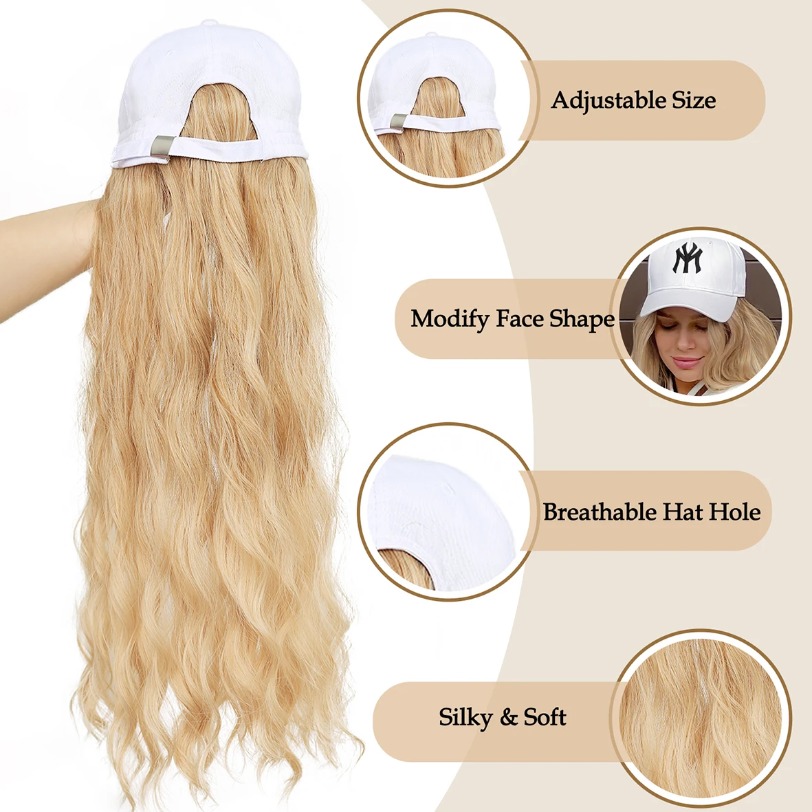 Baseball Cap With Hair Extensions For Women Adjustable Hat With Synthetic Wig Attached 26inch Long Wavy Hair Baseball Cap