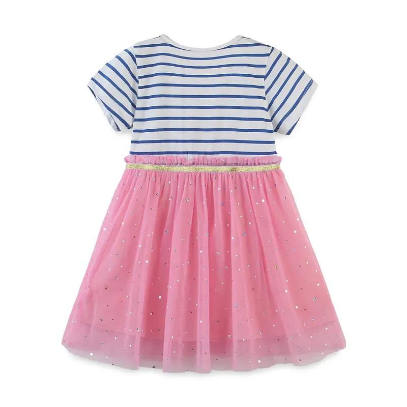 Jumping Meters Princess Girls Mesh Tutu Dresses Fashion Stripe Animals Baby Clothes Short Sleeve Summer Children's Frocks