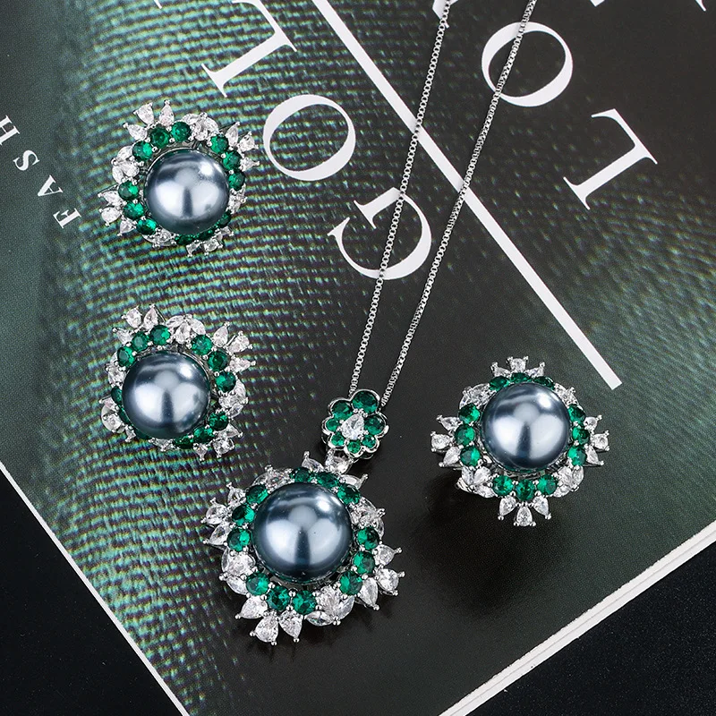 

Emerald Jewelry Palace Style Retro New Colorful Gem Pearl Set Platinum Gray Bead Silver Needle Earrings Ring Necklace